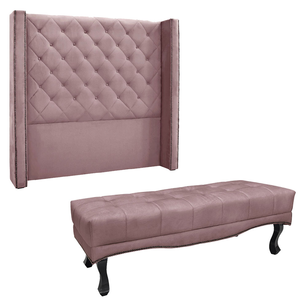 Kit Cabeceira e Calçadeira Recamier Casal 1,40m Vicenza Veludo Lilás - Pallazio