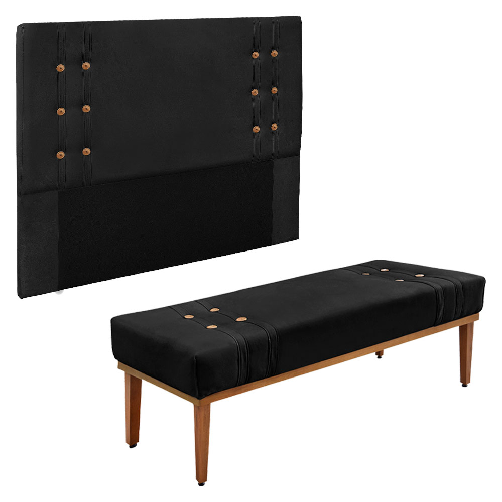 Kit Cabeceira e Calçadeira Recamier King 1,95m Gênova Suede Preto - Pallazio
