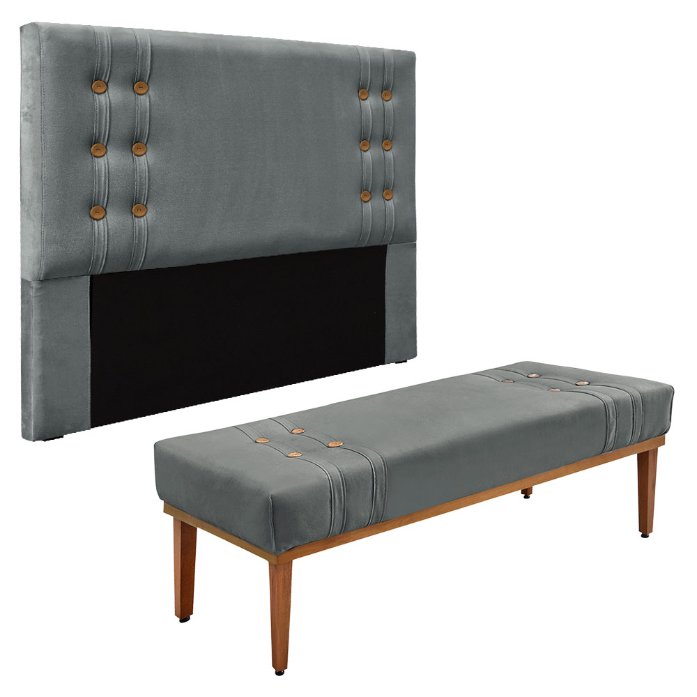 Kit Cabeceira e Calçadeira Recamier King 1,95m Gênova Veludo Cinza Grafite - Pallazio