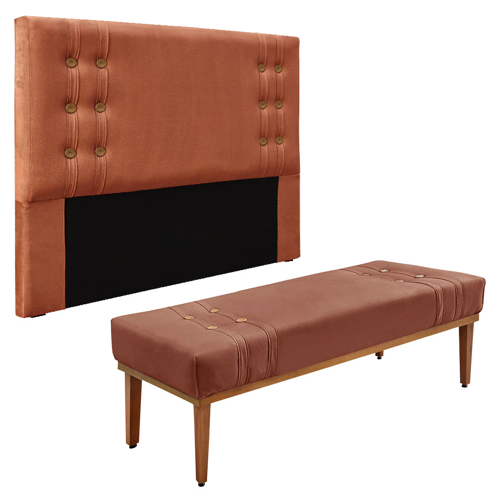 Kit Cabeceira e Calçadeira Recamier King 1,95m Gênova Veludo Cobre - Pallazio