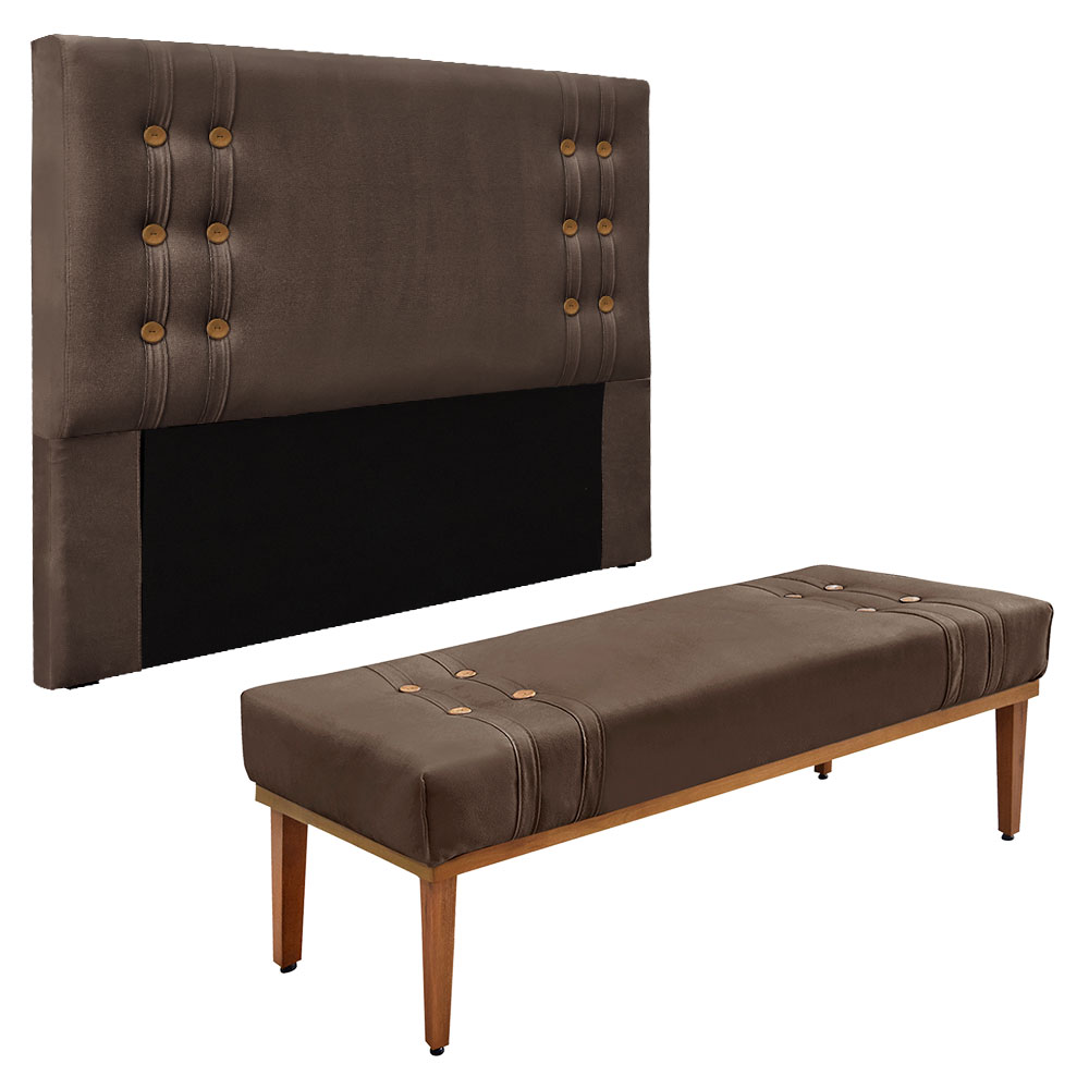 Kit Cabeceira e Calçadeira Recamier King 1,95m Gênova Veludo Marrom - Pallazio