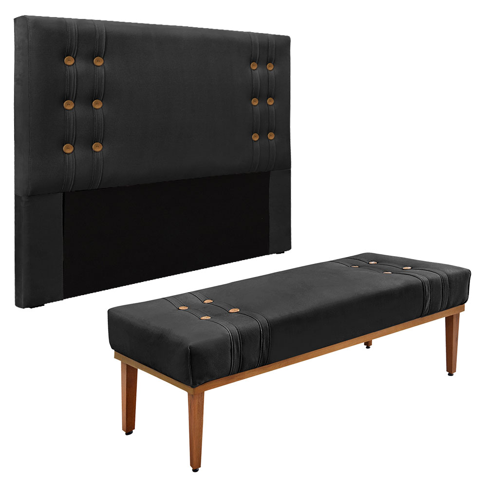Kit Cabeceira e Calçadeira Recamier King 1,95m Gênova Veludo Preto - Pallazio