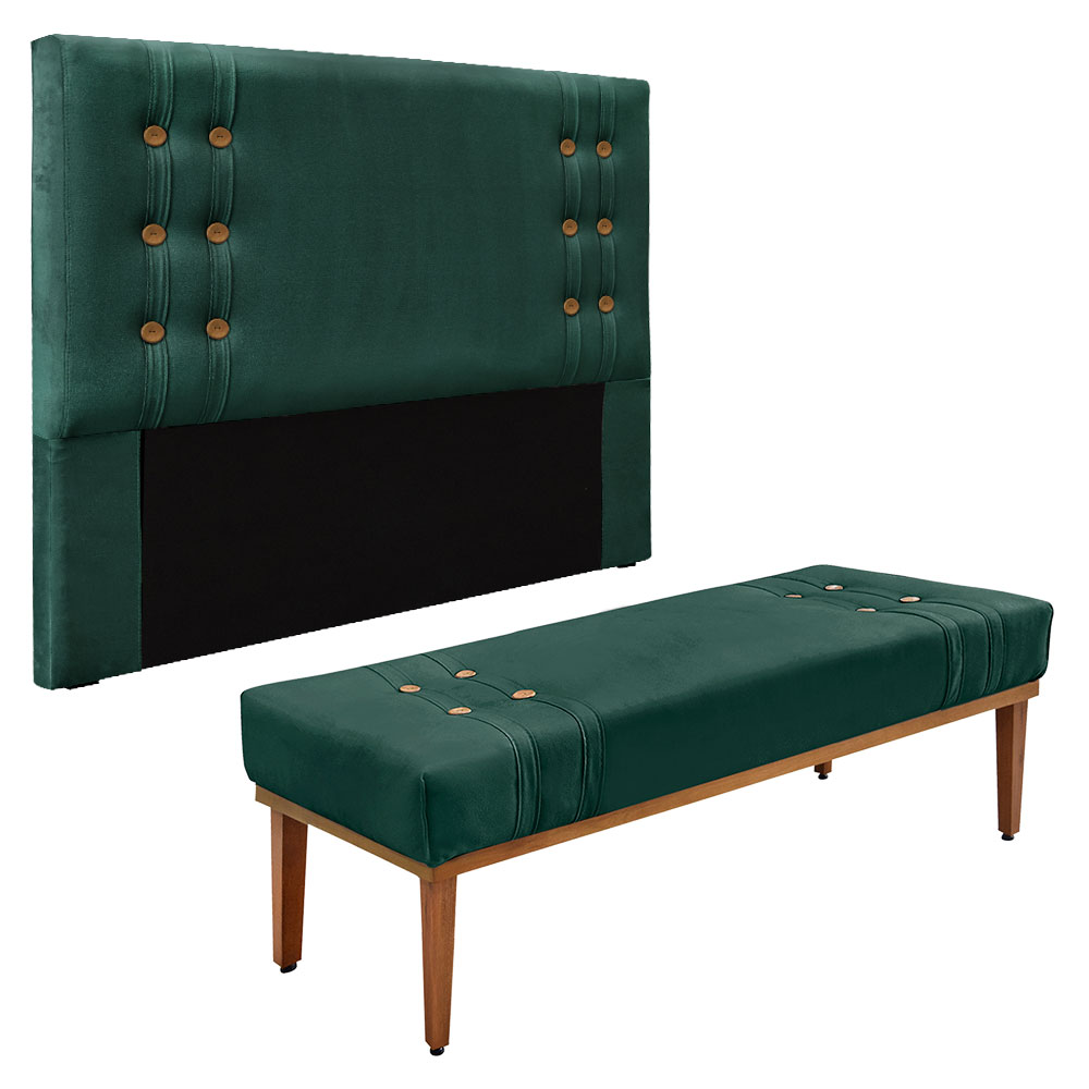 Kit Cabeceira e Calçadeira Recamier King 1,95m Gênova Veludo Verde Floresta - Pallazio