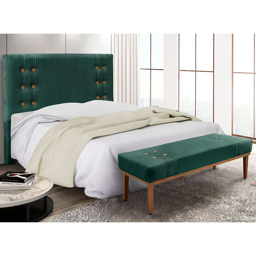 Kit Cabeceira e Calçadeira Recamier King 1,95m Gênova Veludo Verde Floresta - Pallazio