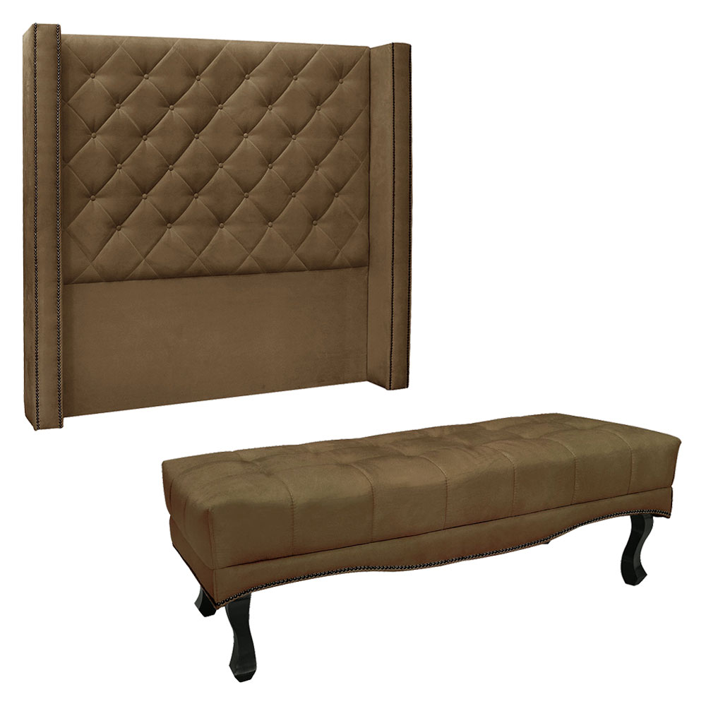 Kit Cabeceira e Calçadeira Recamier King 1,95m Vicenza Suede Caramelo - Pallazio