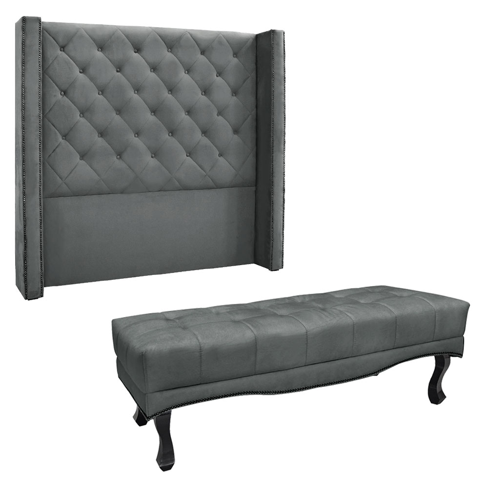 Kit Cabeceira e Calçadeira Recamier King 1,95m Vicenza Veludo Cinza Grafite - Pallazio