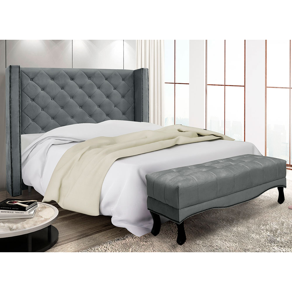 Kit Cabeceira e Calçadeira Recamier King 1,95m Vicenza Veludo Cinza Grafite - Pallazio