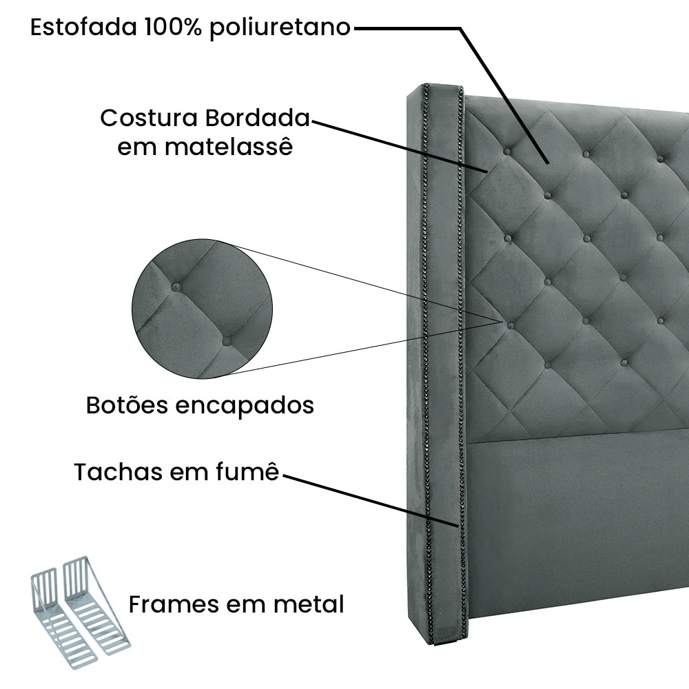 Kit Cabeceira e Calçadeira Recamier King 1,95m Vicenza Veludo Cinza Grafite - Pallazio