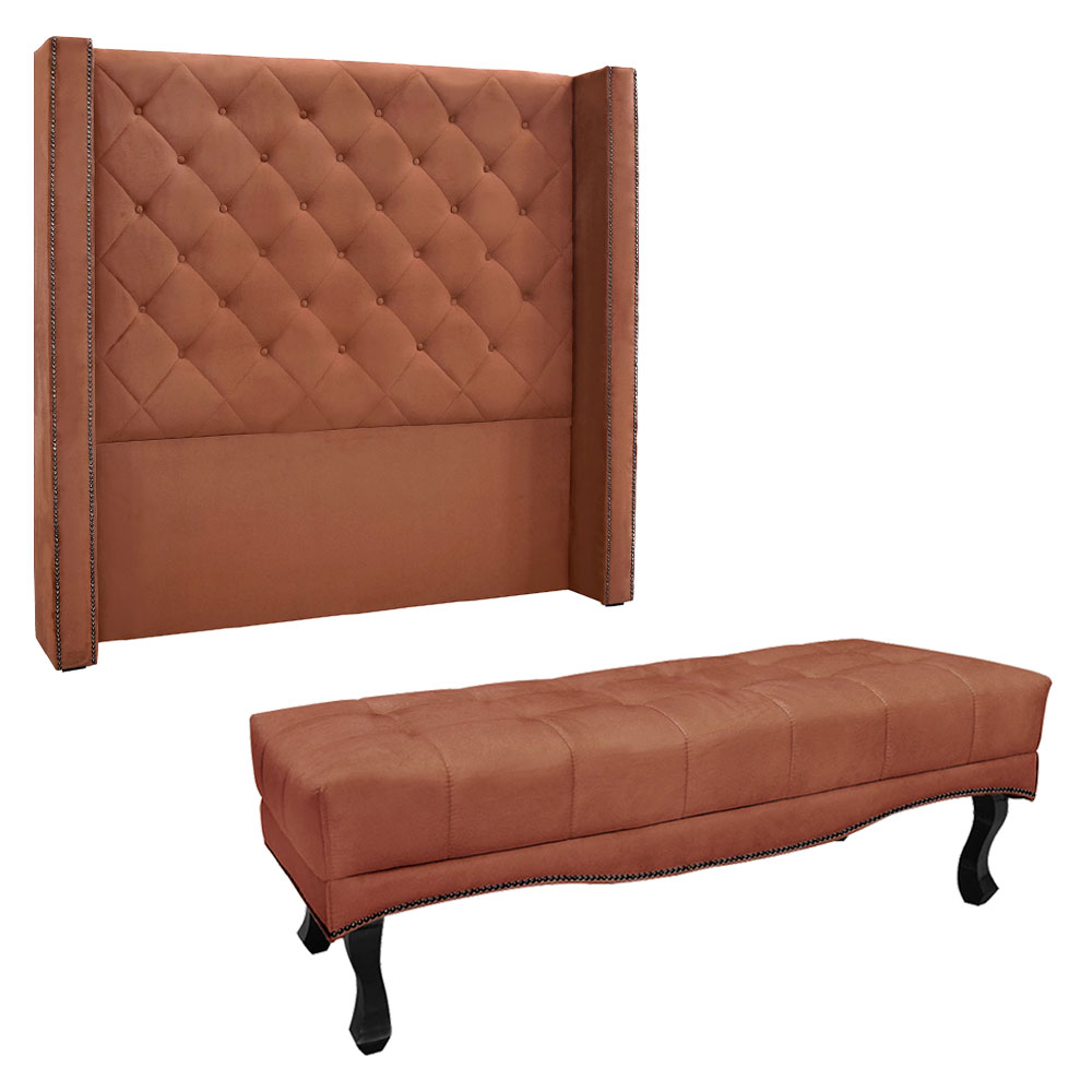 Kit Cabeceira e Calçadeira Recamier King 1,95m Vicenza Veludo Cobre - Pallazio