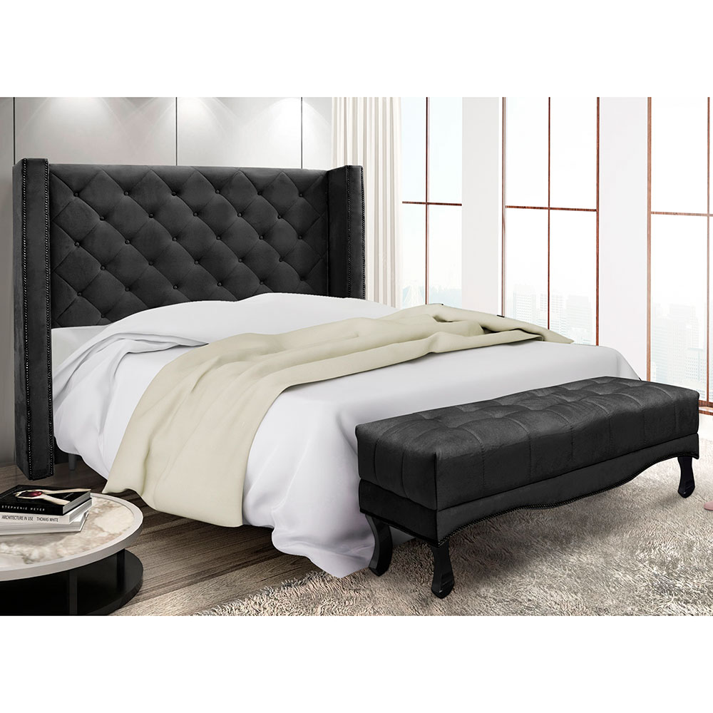 Kit Cabeceira e Calçadeira Recamier King 1,95m Vicenza Veludo Preto - Pallazio