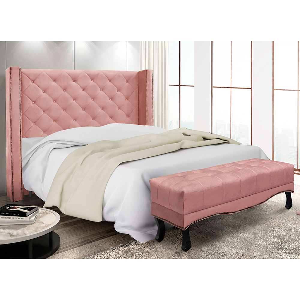 Kit Cabeceira e Calçadeira Recamier King 1,95m Vicenza Veludo Rosa - Pallazio