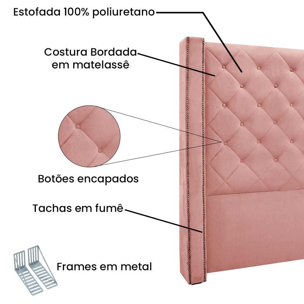 Kit Cabeceira e Calçadeira Recamier King 1,95m Vicenza Veludo Rosa - Pallazio