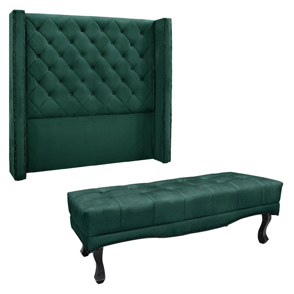 Kit Cabeceira e Calçadeira Recamier King 1,95m Vicenza Veludo Verde Floresta - Pallazio