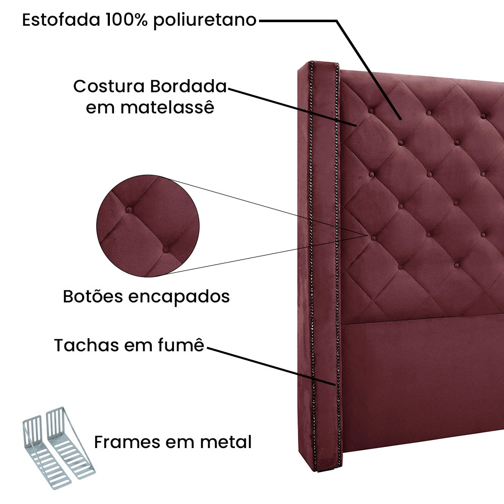 Kit Cabeceira e Calçadeira Recamier King 1,95m Vicenza Veludo Vinho - Pallazio