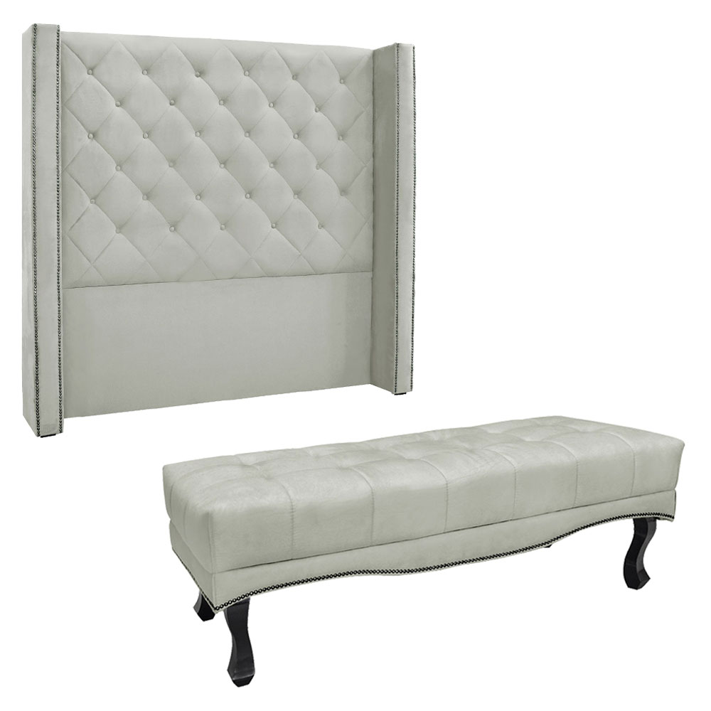 Kit Cabeceira e Calçadeira Recamier Queen 1,60m Vicenza Veludo Cinza Prata - Pallazio