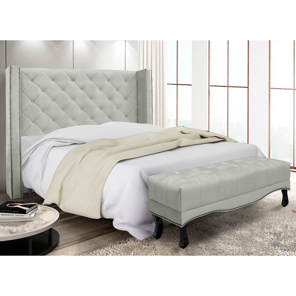 Kit Cabeceira e Calçadeira Recamier Queen 1,60m Vicenza Veludo Cinza Prata - Pallazio