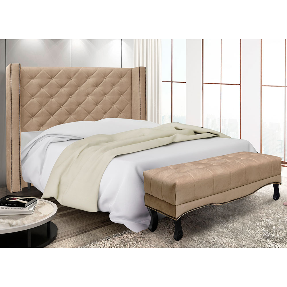Kit Cabeceira e Calçadeira Recamier Solteiro 0,90m Vicenza Suede Bege - Pallazio
