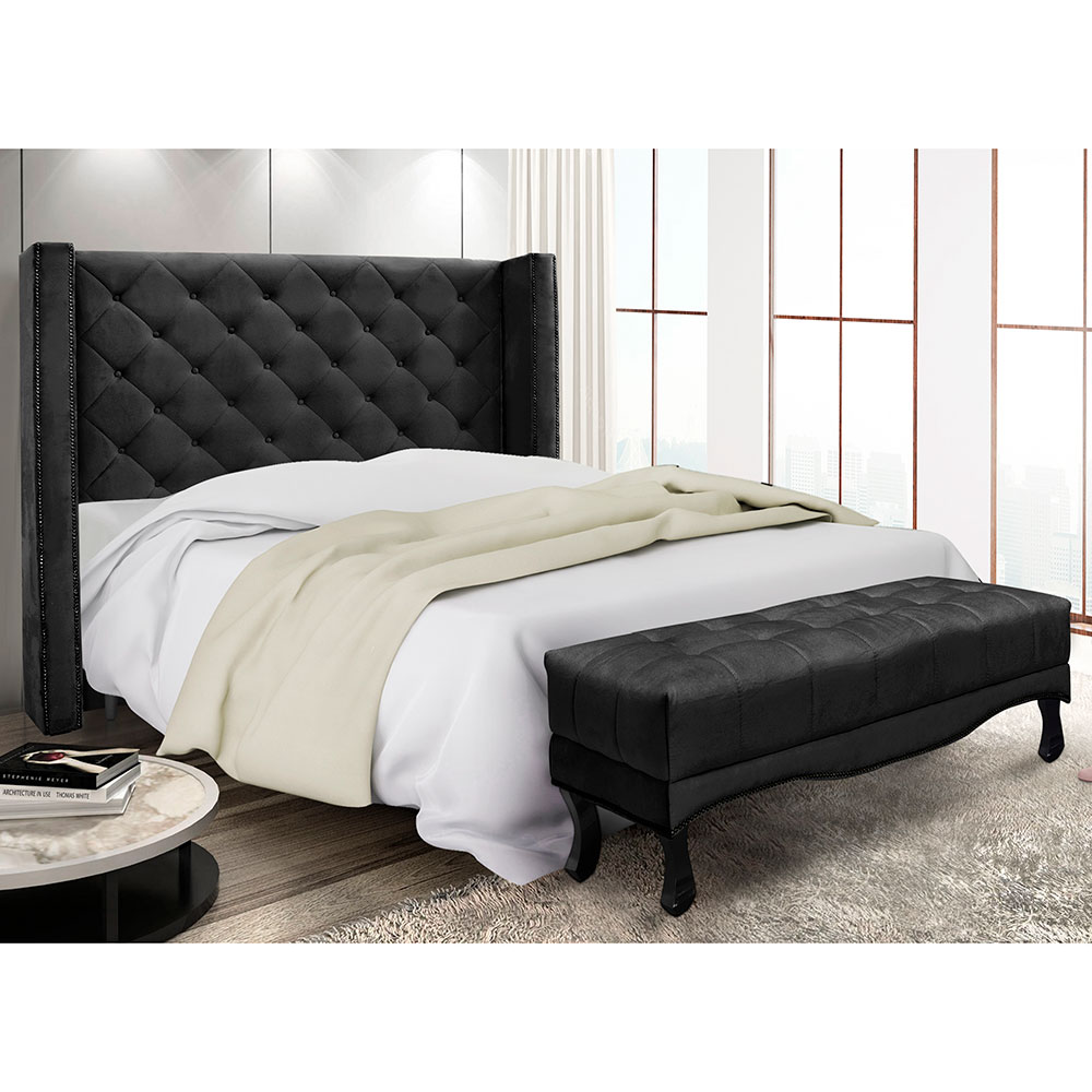 Kit Cabeceira e Calçadeira Recamier Solteiro 0,90m Vicenza Suede Preto - Pallazio