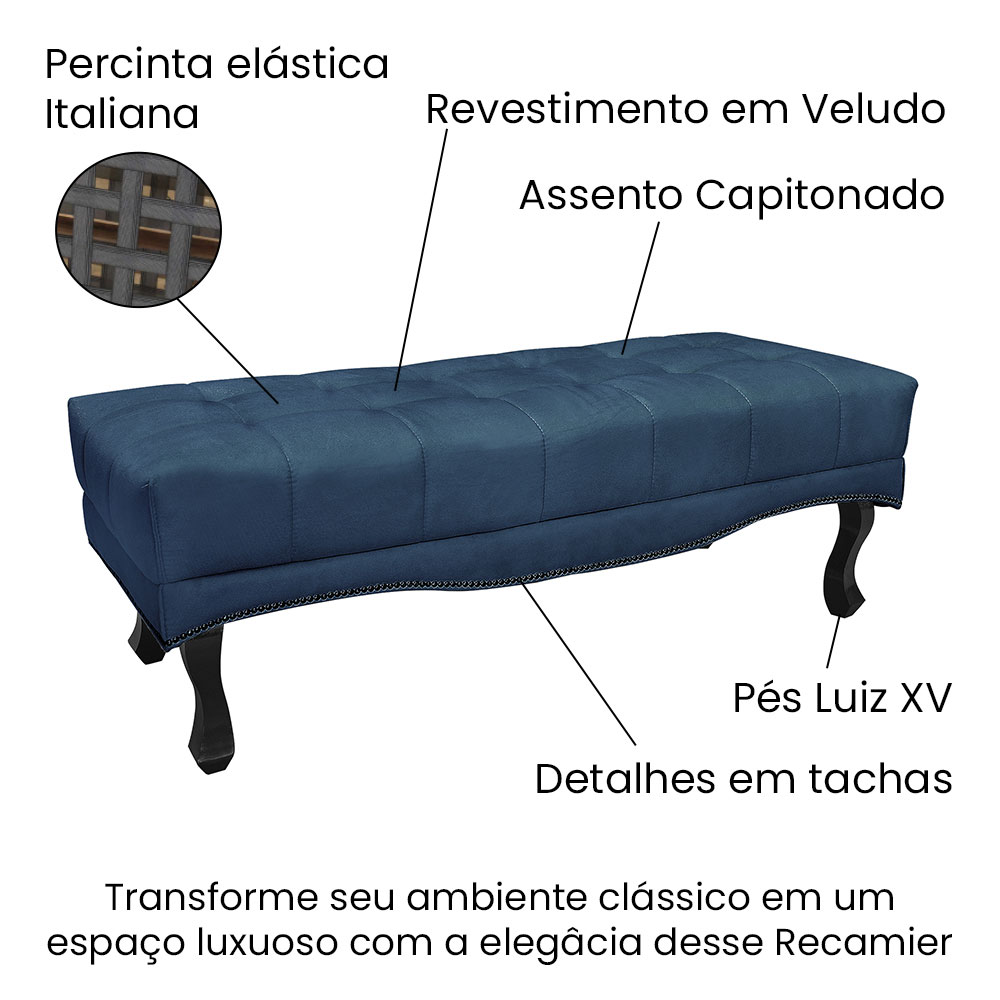 Kit Cabeceira e Calçadeira Recamier Solteiro 0,90m Vicenza Veludo Azul Marinho - Pallazio