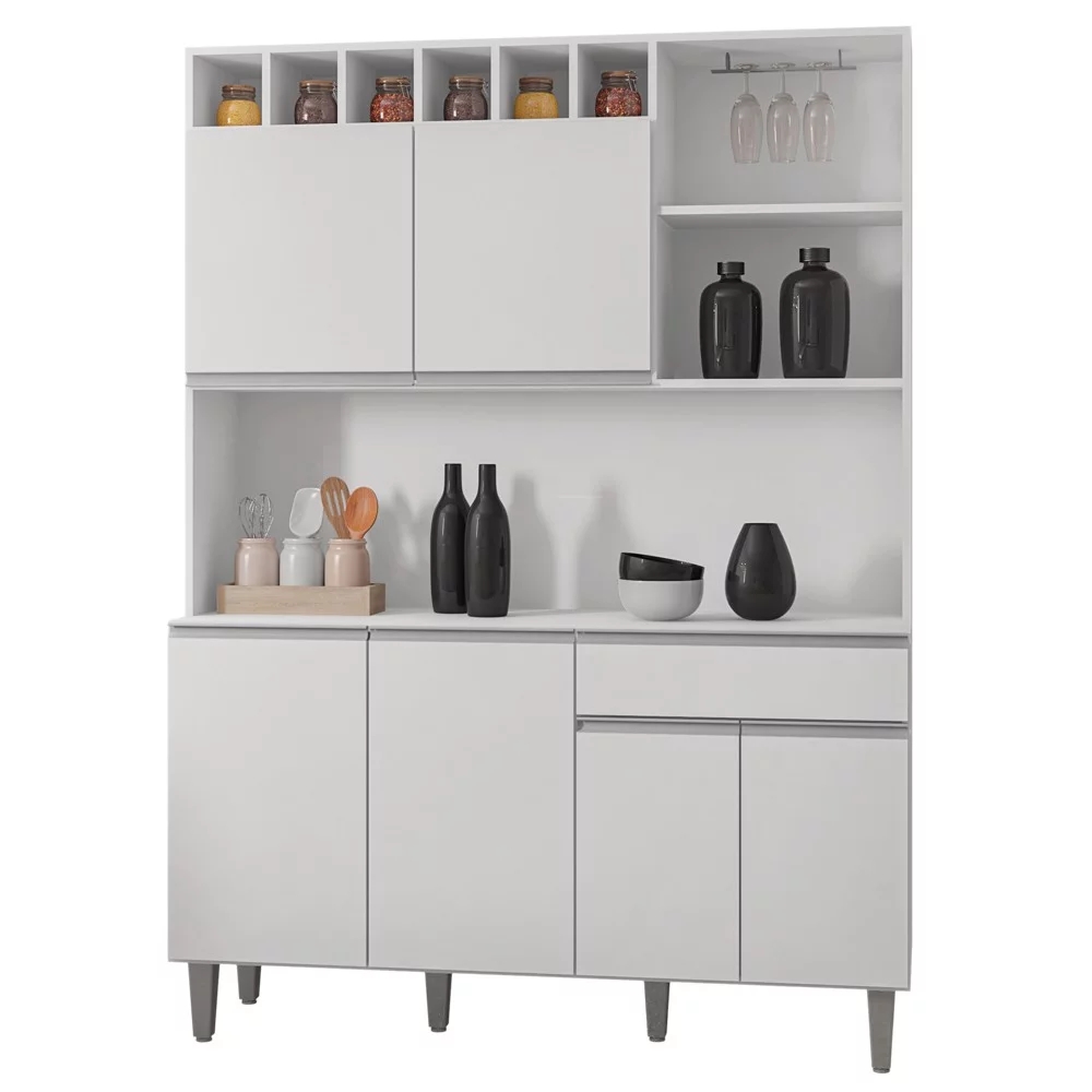 Kit Cozinha Compacta 130cm com 6 Portas e 1 Gaveta Nicole Branco - Pallazio