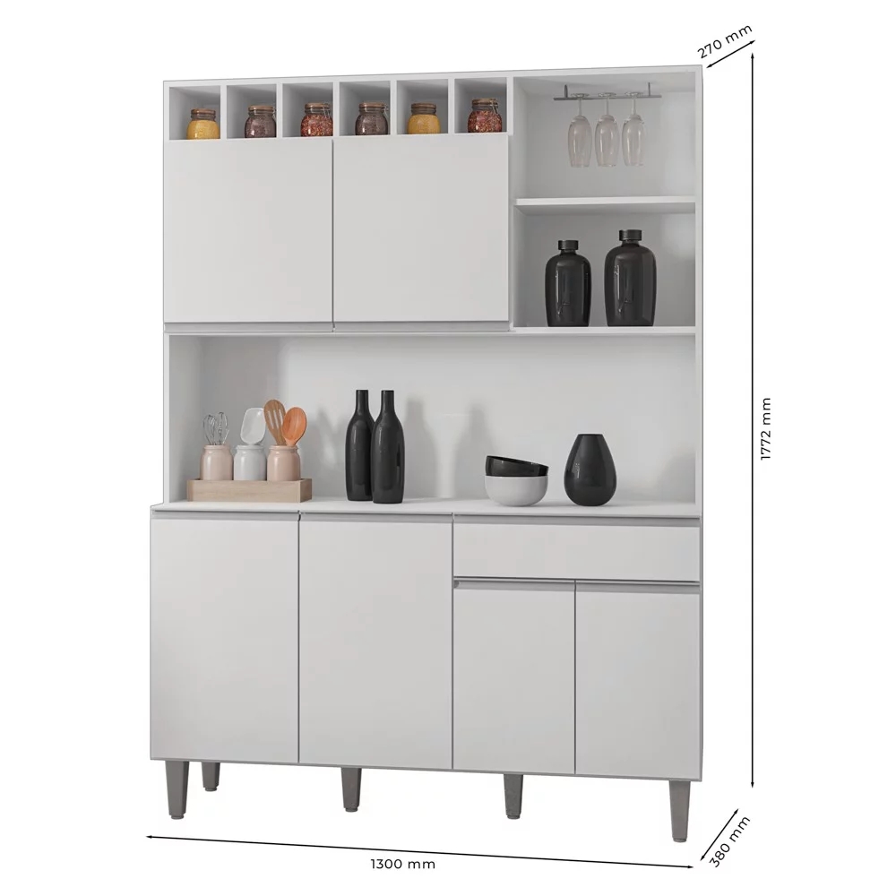 Kit Cozinha Compacta 130cm com 6 Portas e 1 Gaveta Nicole Branco - Pallazio