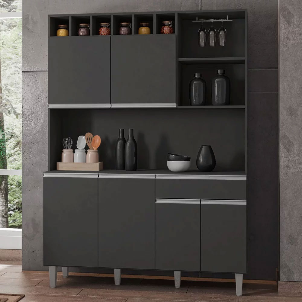 Kit Cozinha Compacta 130cm com 6 Portas e 1 Gaveta Nicole Cinza Escuro - Pallazio