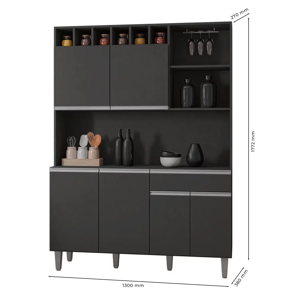 Kit Cozinha Compacta 130cm com 6 Portas e 1 Gaveta Nicole Cinza Escuro - Pallazio