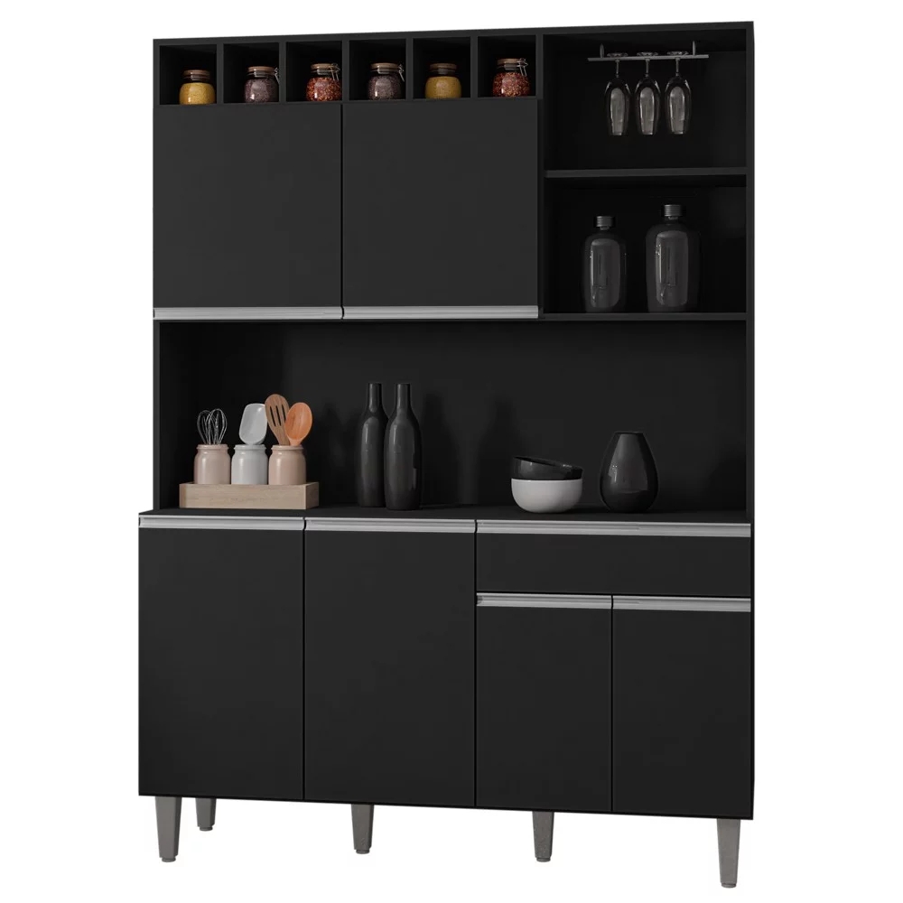 Kit Cozinha Compacta 130cm com 6 Portas e 1 Gaveta Nicole Preto - Pallazio