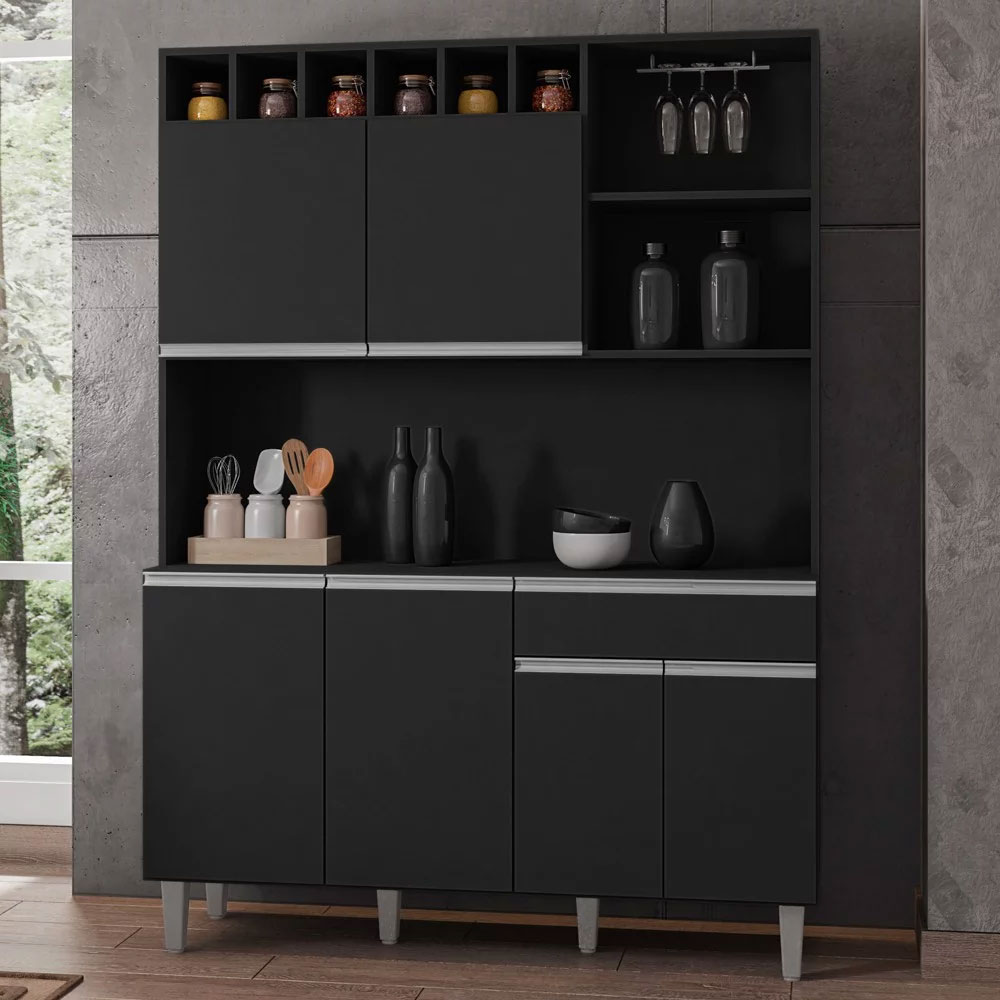 Kit Cozinha Compacta 130cm com 6 Portas e 1 Gaveta Nicole Preto - Pallazio