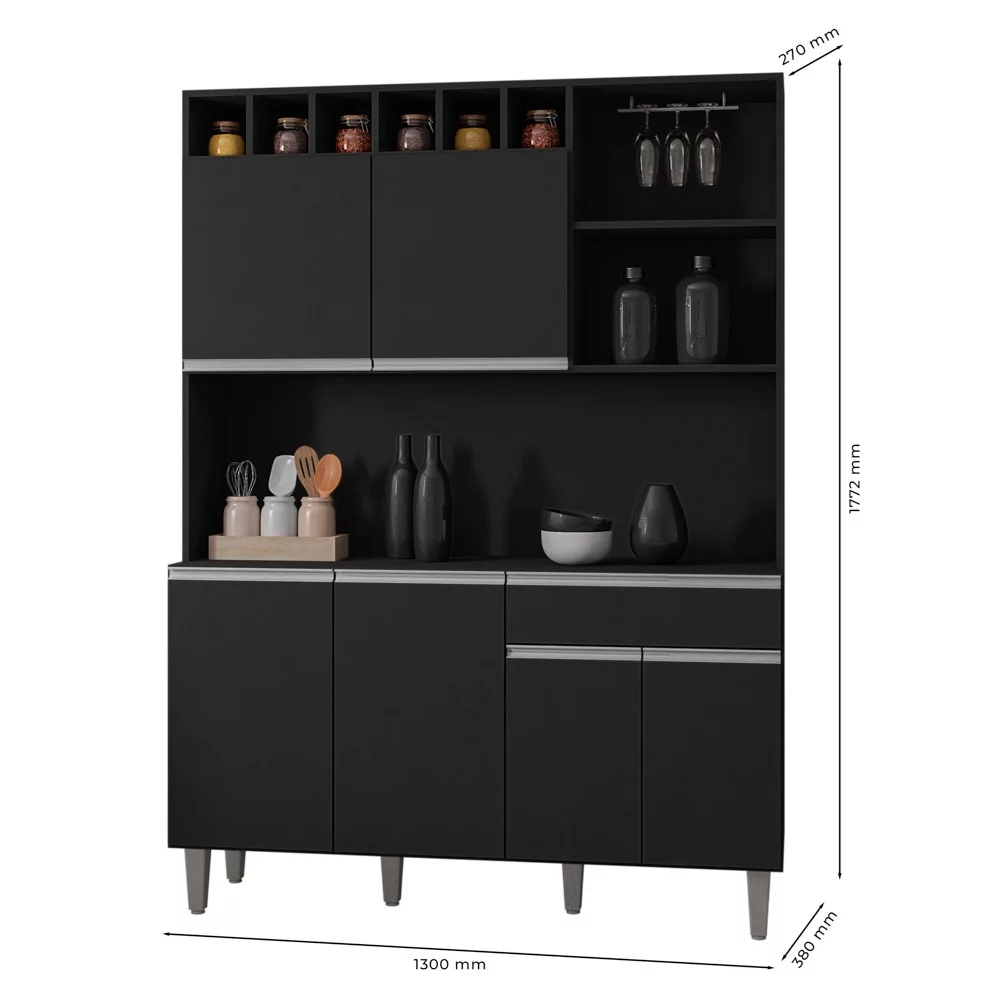 Kit Cozinha Compacta 130cm com 6 Portas e 1 Gaveta Nicole Preto - Pallazio