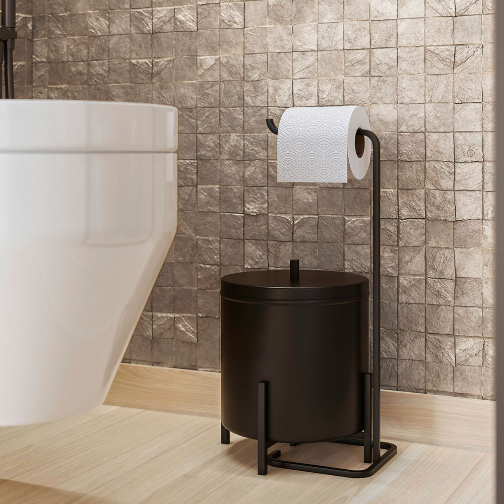 Kit Lixeira 6L e Porta Papel Higiênico Eleganza Metal Preto - Pallazio