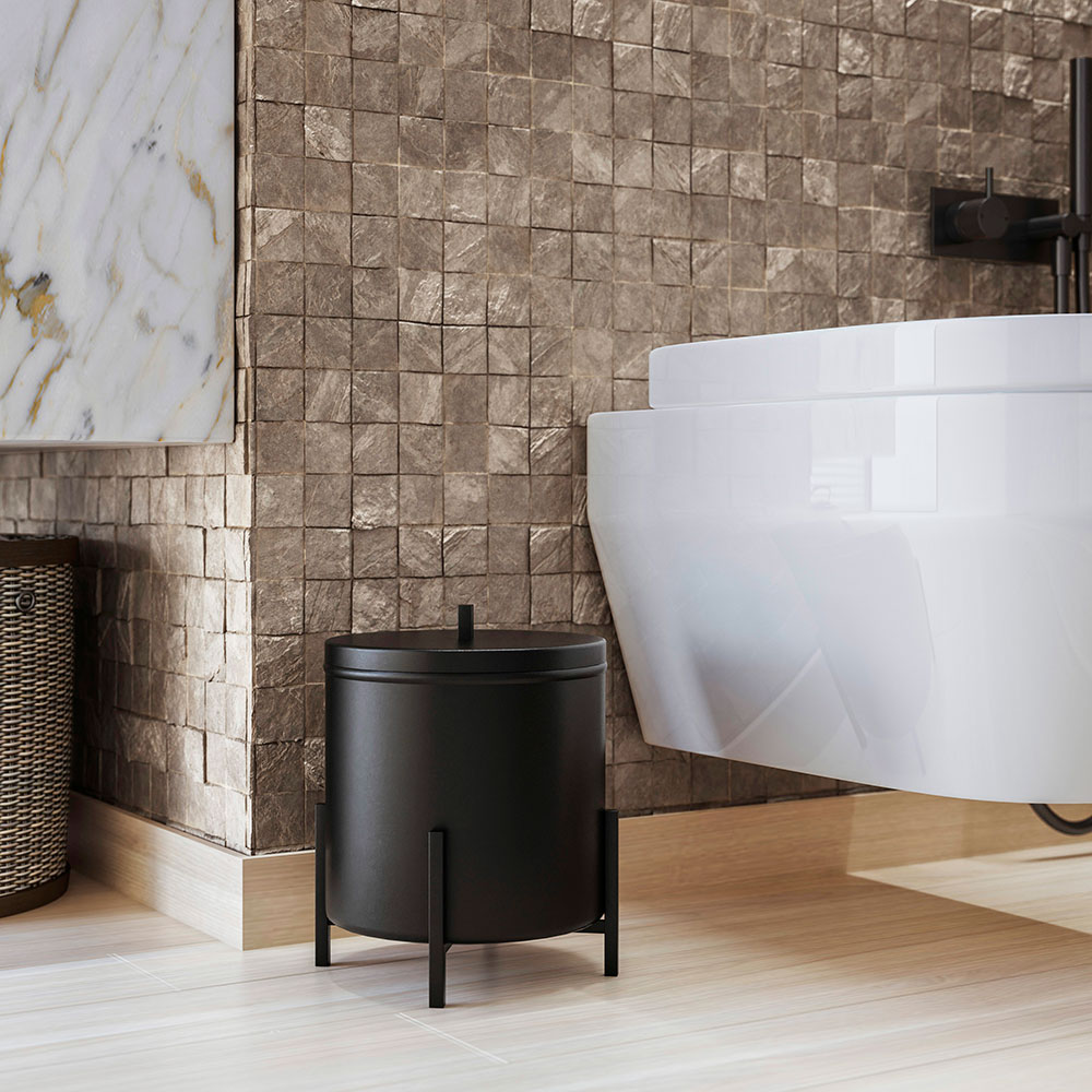 Kit Lixeira 6L e Porta Papel Higiênico Eleganza Metal Preto e Madeira - Pallazio