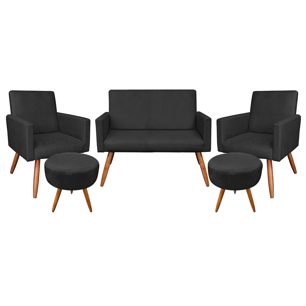 Kit Namoradeira 2 Poltronas e 2 Puffs Redondo Nina Suede Preto Pés Palito Castanho - Pallazio