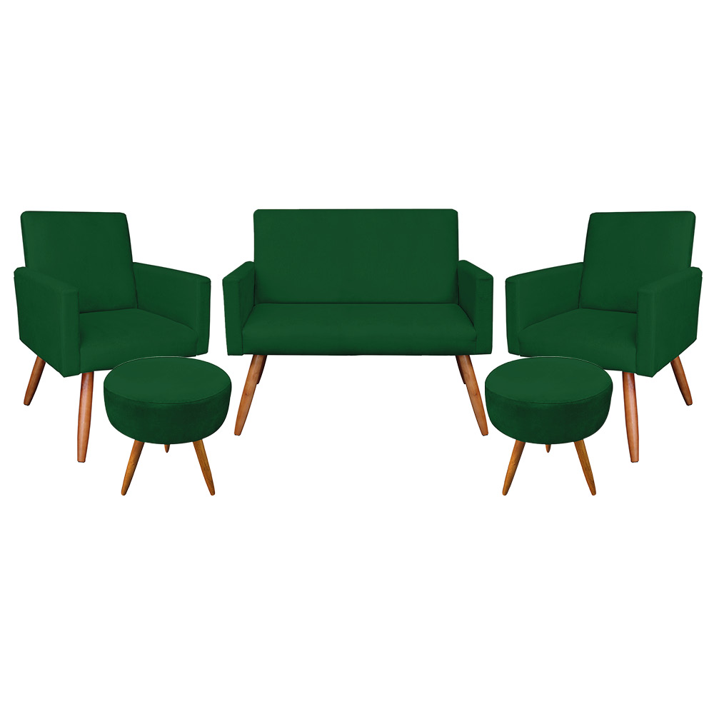 Kit Namoradeira 2 Poltronas e 2 Puffs Redondo Nina Suede Verde Pés Palito Castanho - Pallazio