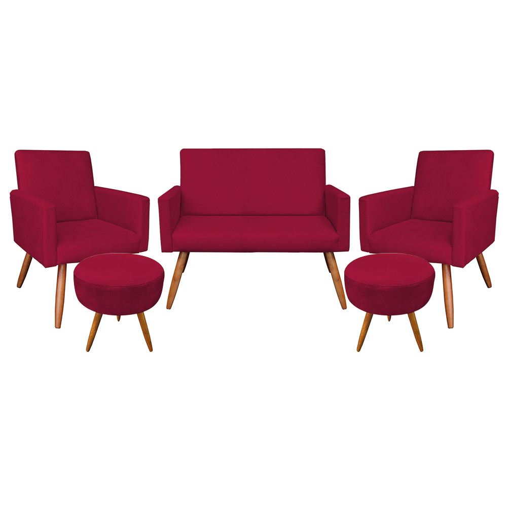 Kit Namoradeira 2 Poltronas e 2 Puffs Redondo Nina Suede Vermelho Pés Palito Castanho - Pallazio