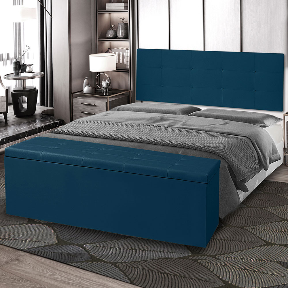Kit Painel e Calçadeira Baú Casal 1,40m Berlim Suede Azul Marinho - Pallazio