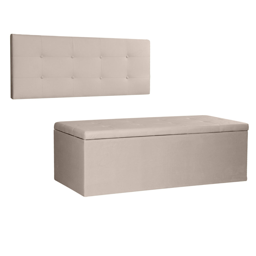 Kit Painel e Calçadeira Baú Casal 1,40m Berlim Suede Bege - Pallazio