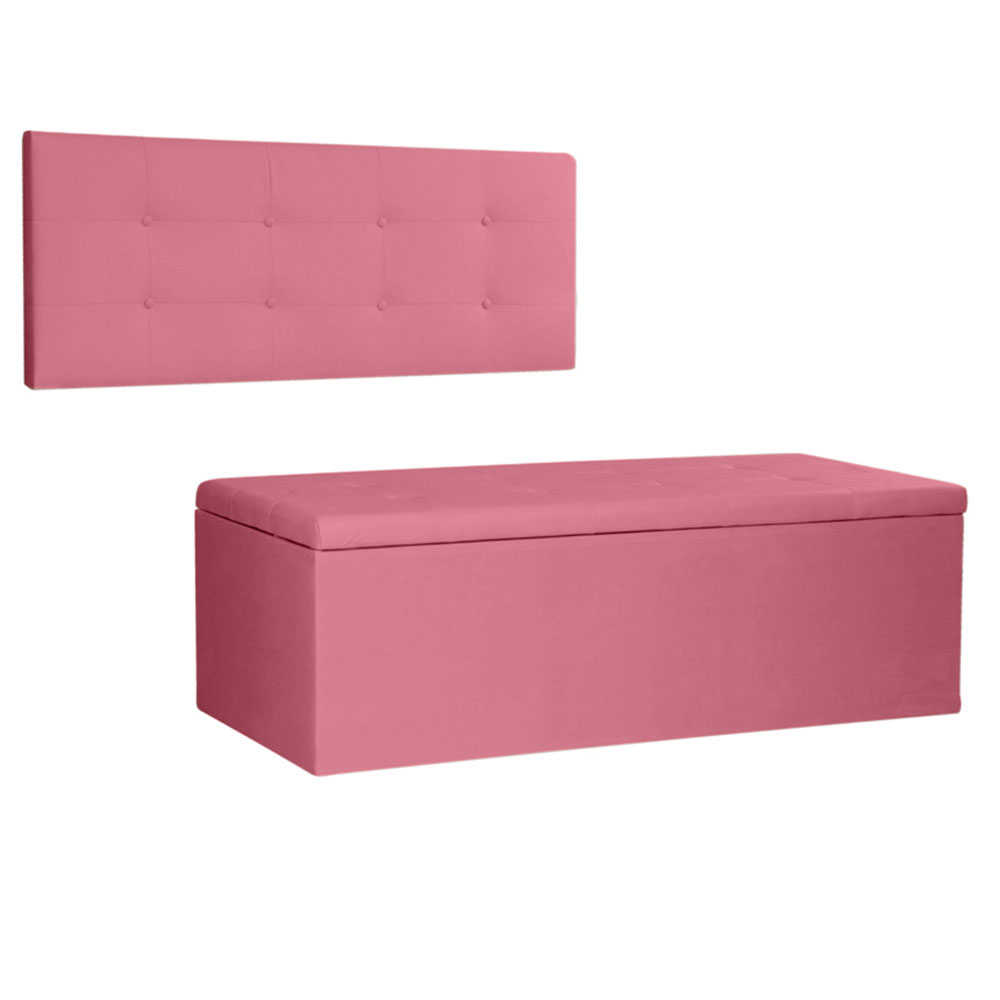 Kit Painel e Calçadeira Baú Casal 1,40m Berlim Suede Rosa - Pallazio