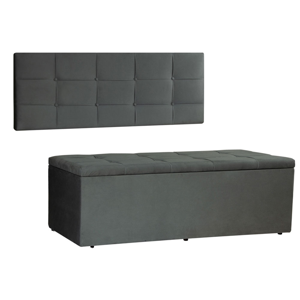Kit Painel e Calçadeira Baú Casal 1,40m Roma Suede Cinza - Pallazio