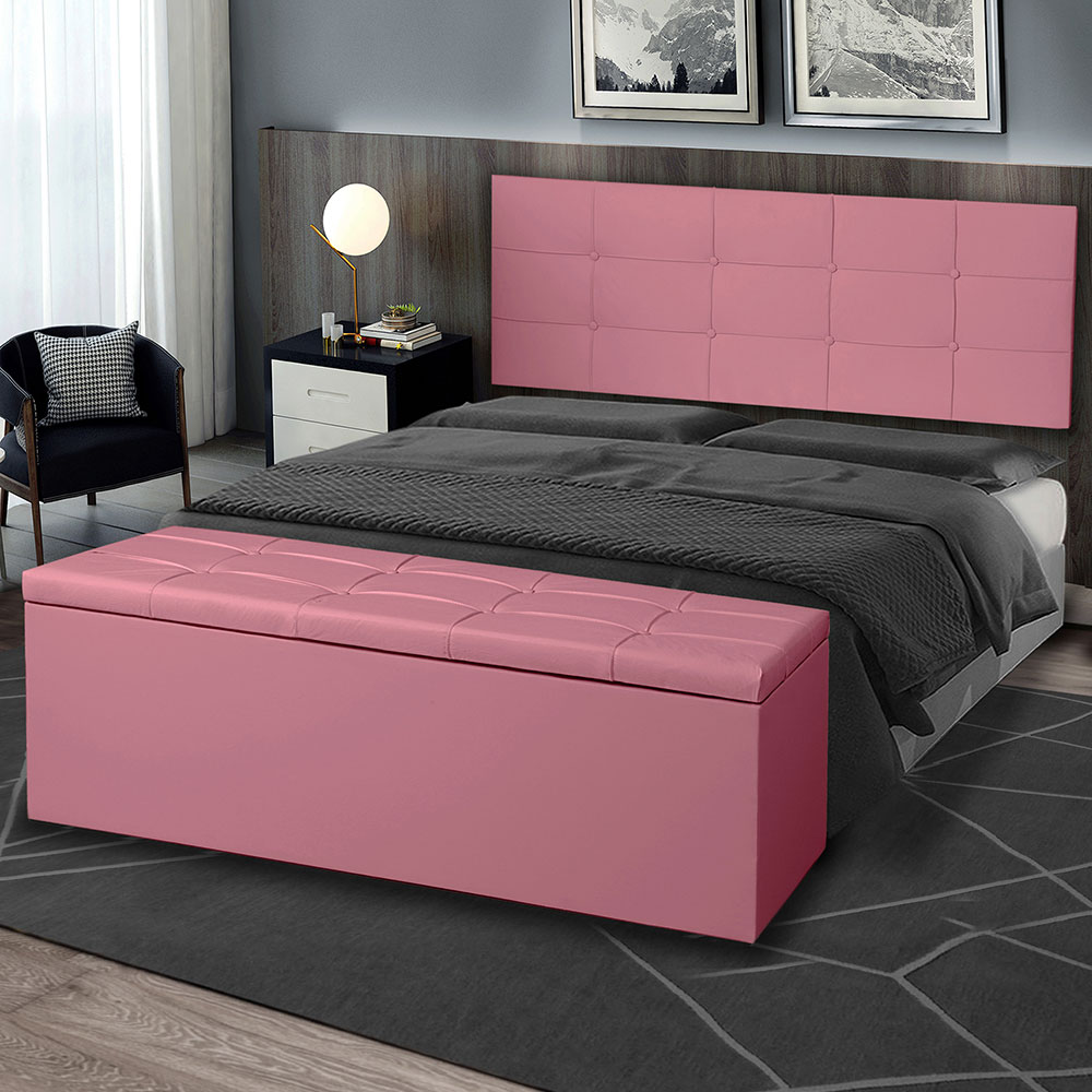Kit Painel e Calçadeira Baú Casal 1,40m Roma Suede Rosa - Pallazio