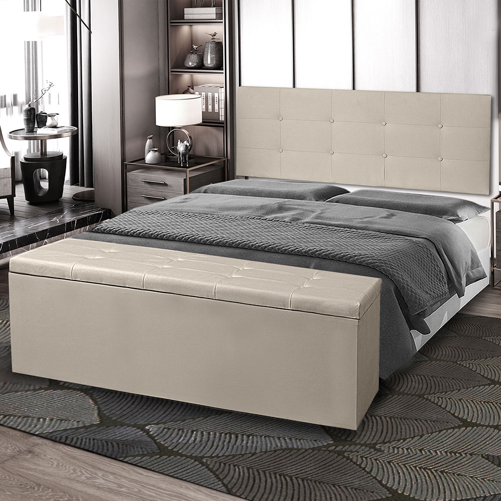 Kit Painel e Calçadeira Baú King 1,95m Berlim Suede Bege - Pallazio
