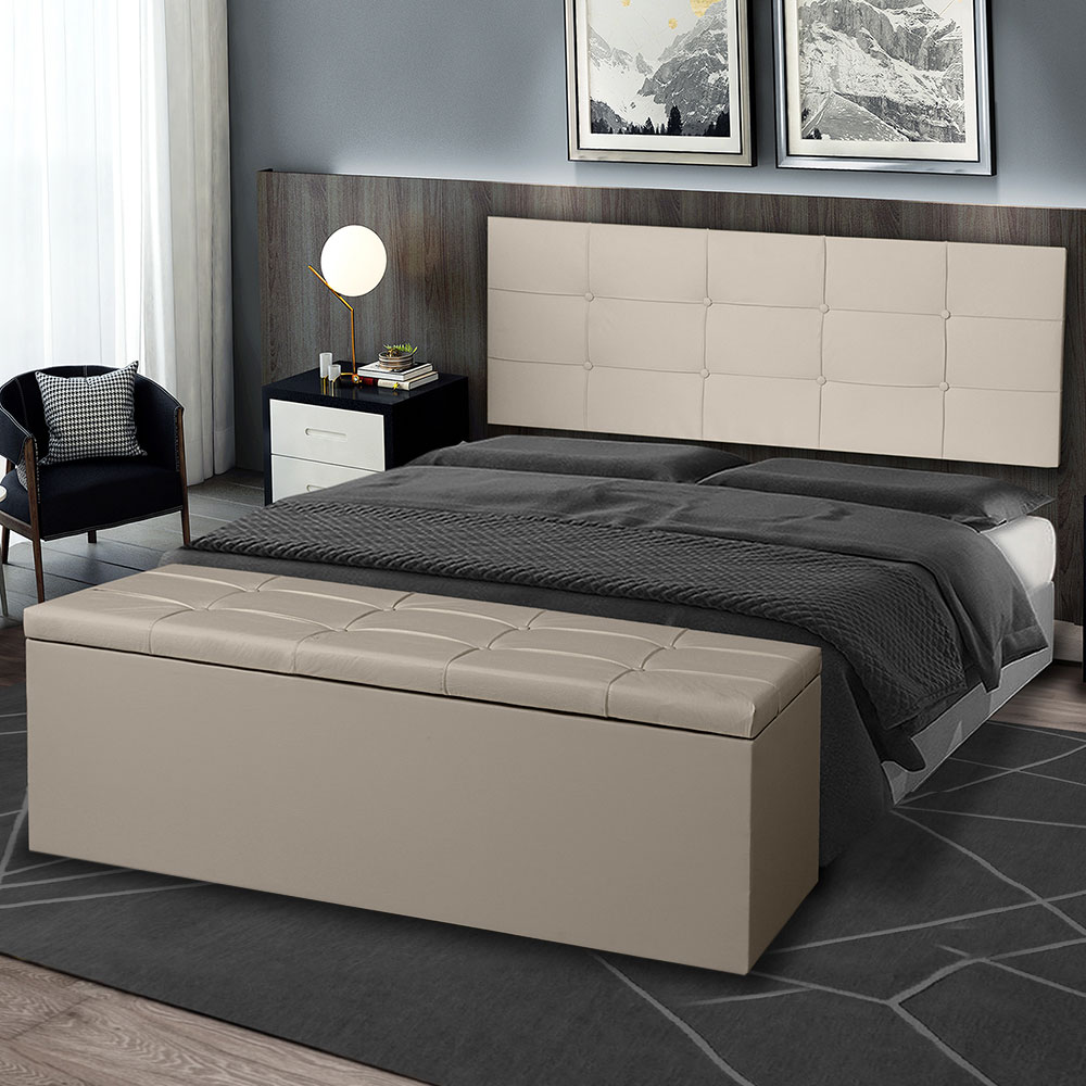 Kit Painel e Calçadeira Baú King 1,95m Roma Corano Bege - Pallazio