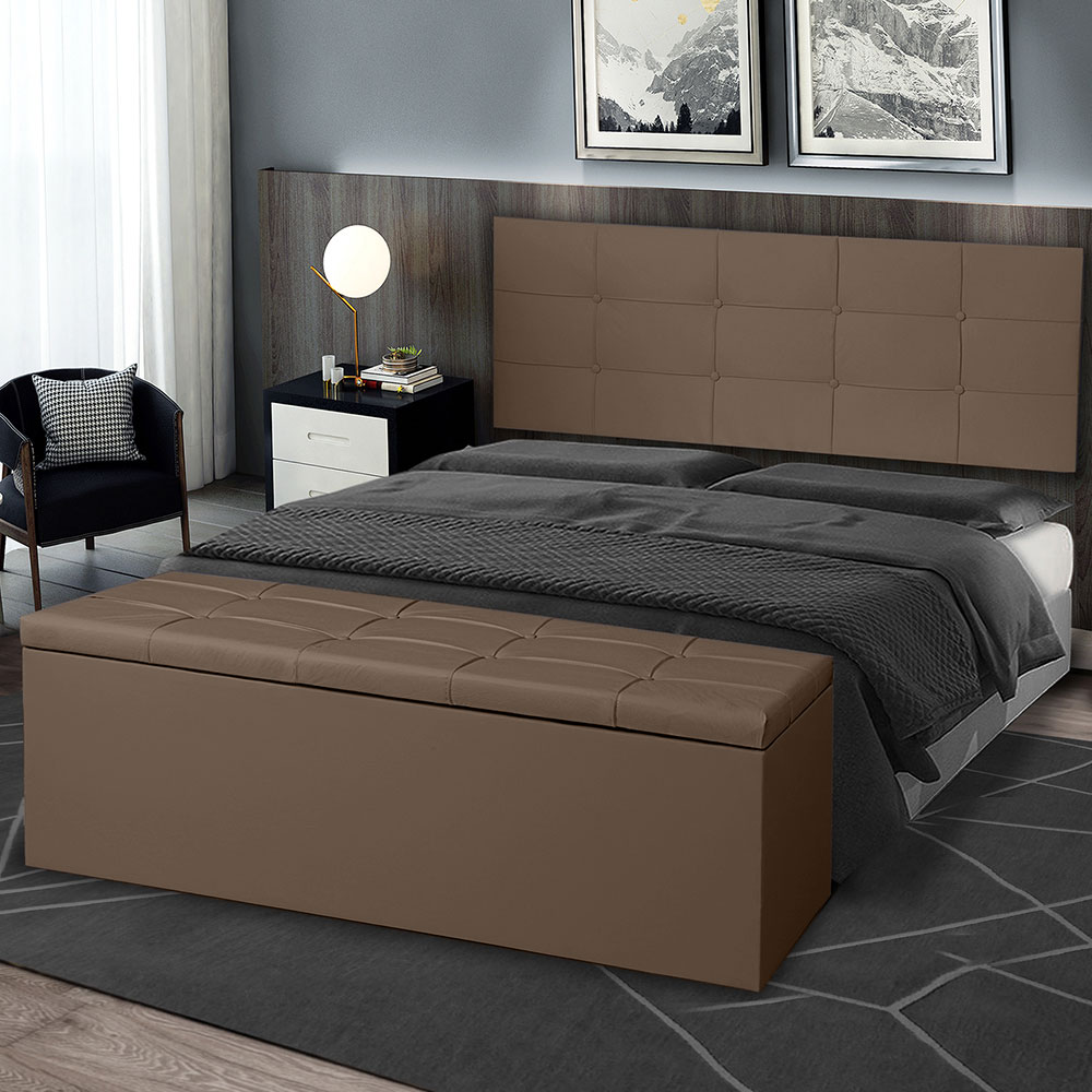Kit Painel e Calçadeira Baú Queen 1,60m Roma Suede Marrom - Pallazio