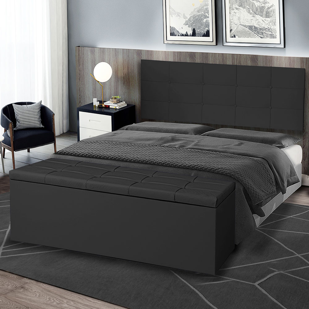 Kit Painel e Calçadeira Baú Solteiro 0,90m Roma Suede Preto - Pallazio