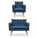 Kit Poltrona e Namoradeira 2 Lugares Olivia Suede Azul Marinho Pés Palito Castanho - Pallazio
