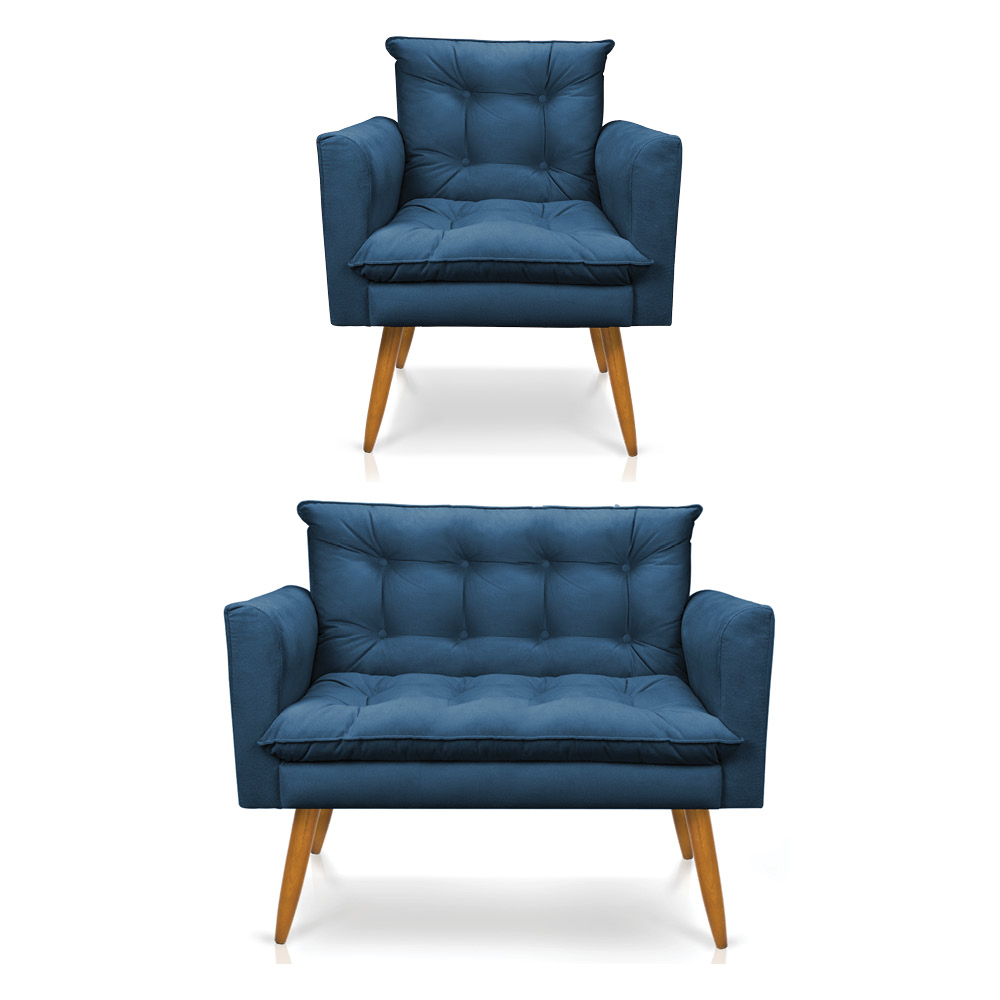 Kit Poltrona e Namoradeira 2 Lugares Olivia Suede Azul Marinho Pés Palito Castanho - Pallazio