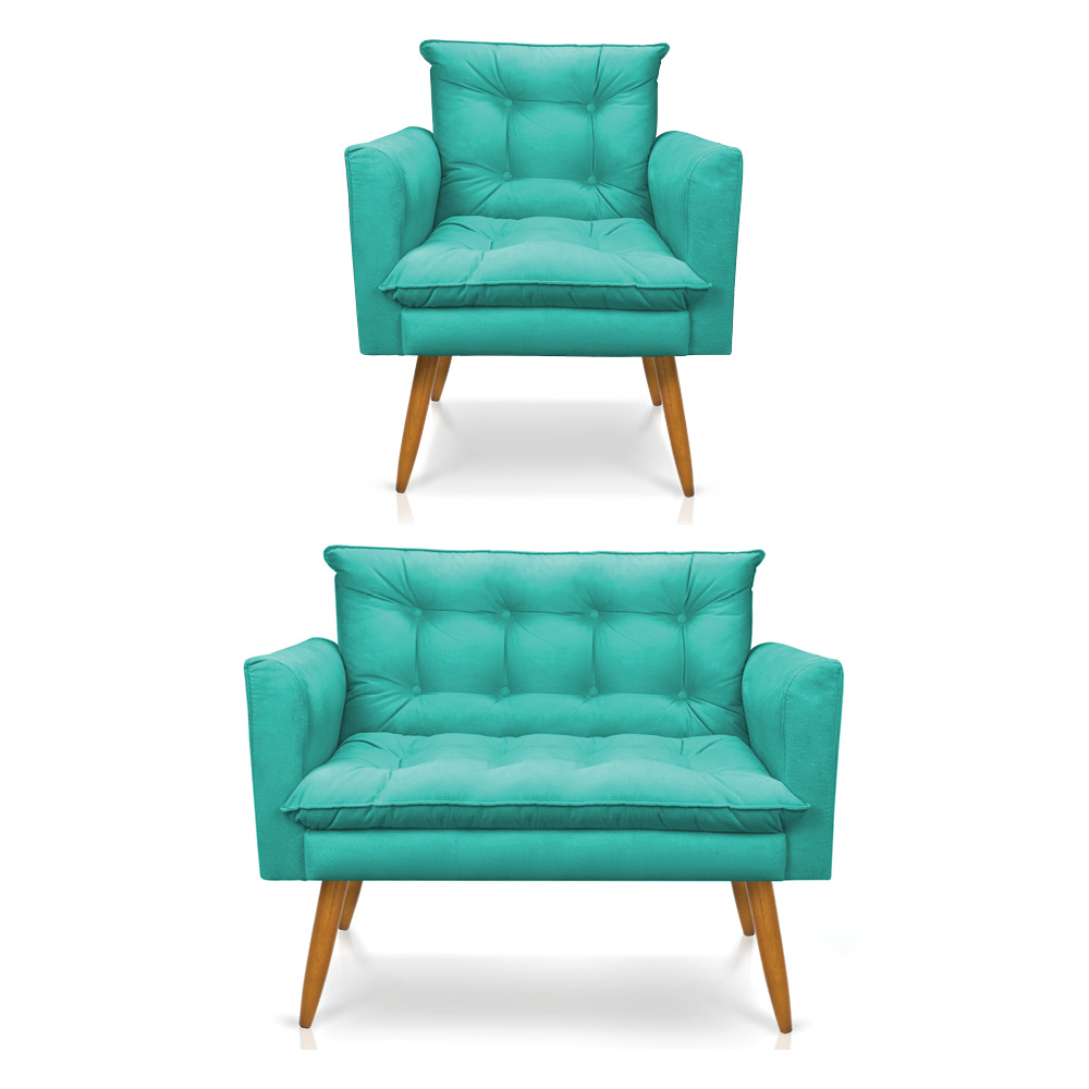 Kit Poltrona e Namoradeira 2 Lugares Olivia Suede Azul Turquesa Pés Palito Castanho - Pallazio