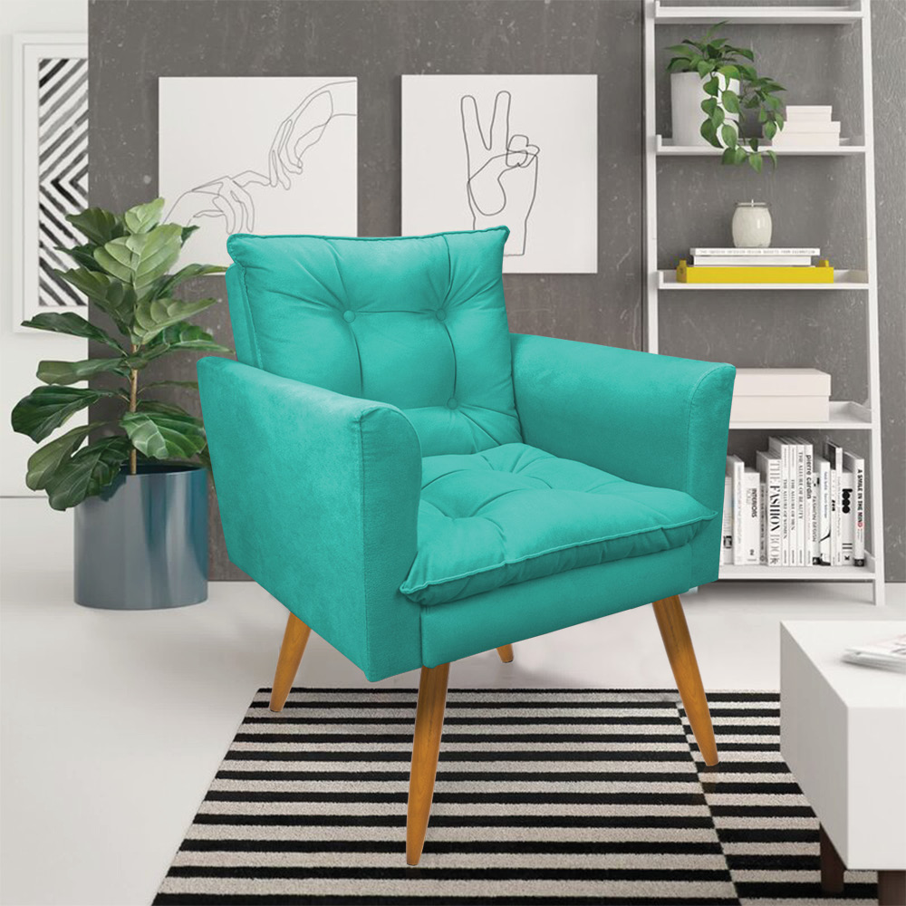 Kit Poltrona e Namoradeira 2 Lugares Olivia Suede Azul Turquesa Pés Palito Castanho - Pallazio