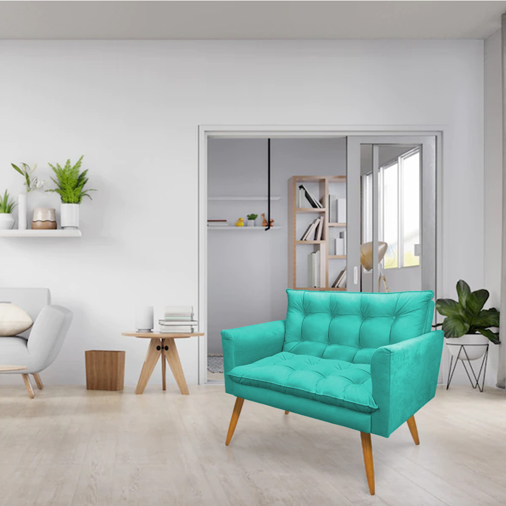 Kit Poltrona e Namoradeira 2 Lugares Olivia Suede Azul Turquesa Pés Palito Castanho - Pallazio