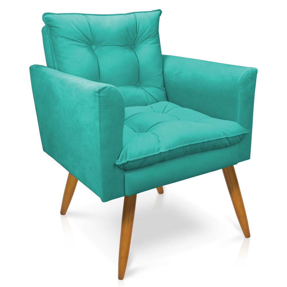 Kit Poltrona e Namoradeira 2 Lugares Olivia Suede Azul Turquesa Pés Palito Castanho - Pallazio